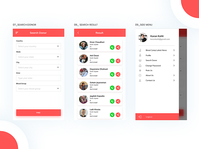 07_Search donor, 08_ Search Result & 09_Side Menu