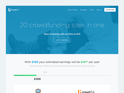 Crowdfunding Landing Page bank crowdfunding button hero image homepage landing page modern round user experience user interface
