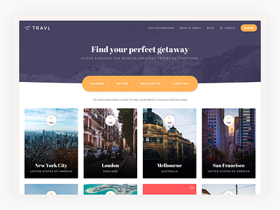 Travl - find your perfect getaway cards filter thumbnails tiles travel ui user interface ux web