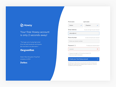 Howsy – Registration design form get started interface register registration form signup form ui user experience user interface ux web