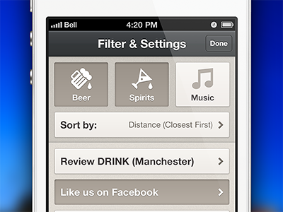 Filter & Settings beer buttons filter ios iphone music settings spirits ui user interface