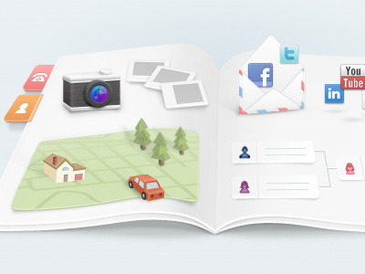 Book Illustration 3d book camera car envelope homepage icons illustration map photos social media tabs tree web