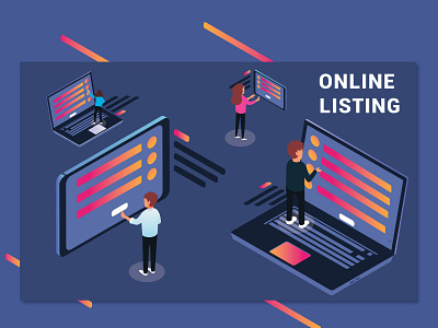 Online Listing of People Surfing the Web Isometric Artwork 3d business character computer concept data design digital flat graphic icon illustration infographic internet isometric isometric design isometric people landing laptop man