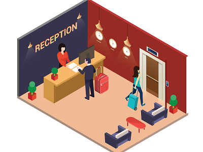 Hotel Lobby where people are Checking in Isometric Artwork 3d bag building business character check computer concept counter design desk flat floor furniture hall hotel illustration indoor isometric isometric hotel