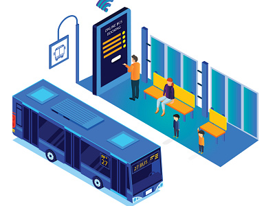 Man booking tickets online Isometric artwork 3d airplane app background book building bus bus stand bus stop business concept design electric flat gradient icon illustration infographic isometric isometric design