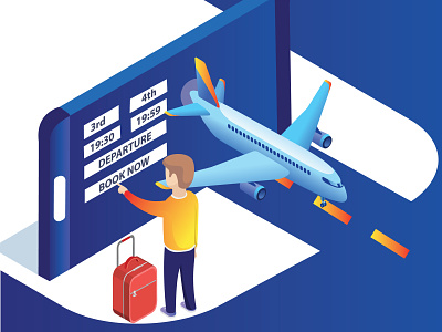 Man Booking Airplane Tickets online Isometric Artwork 3d air aircraft airplane app background booking bus business concept design flat flight fly gradient gradient background holiday illustration isometric isometric design