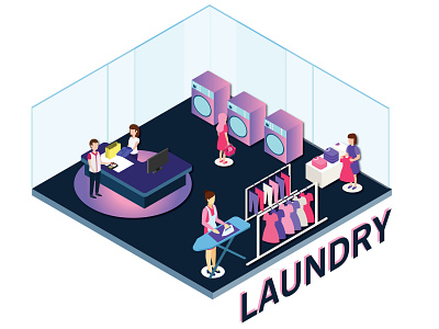 People in a Laundry working around Isometric Artwork 3d appliances background basket business clean clothes clothing design detergent dry equipment home household illustration industry infographic isometric isometric design isometric vector