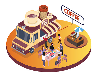Coffee Food Truck Isometric Artwork 3d beverage breakfast bus business cafe candy cappuccino car coffee delivery design element espresso flat food graphic isometric isometric design isometric illustration