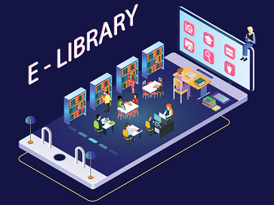 E Library Isometric Concept Artwork.