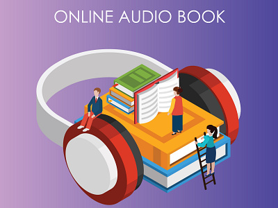 Isometric Artwork Concept of Online Audio Book 3d app application audio audiobook audiobooks background book clouds color computer cover design dictionary education headphones isometric isometric book isometric design isometric illustration