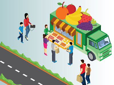 Isometric Artwork Concept of Fruit Truck 3d agriculture background business car cart cartoon color customer delivery design farmer fast flat food fresh freshness isometric isometric design isometric illustration