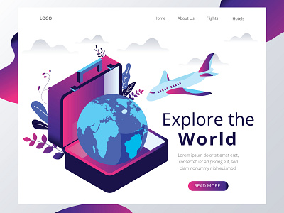 Explore The World adventure air airplane background bag baggage beach booking business camera character compass concept design family flat flight graphic isometric isometric design