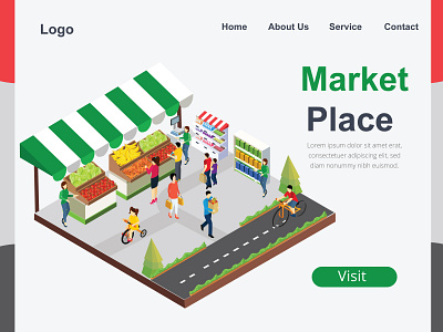 Market Place abstract art background bag basket business buy collection commercial concept counter customer design emblem flat food fresh fruit isometric isometric design
