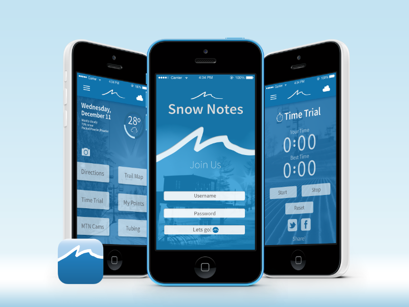Mad River Mountain App Design Concept - Mockup app design mountain icon mockup harmer mobile snow notes 5c c iphone