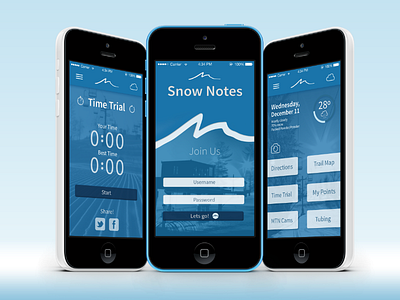 Mad River Mountain App Design Concept - Mockup-V2 app design iphone5c mobile mockup mountain notes ski snow snowboard