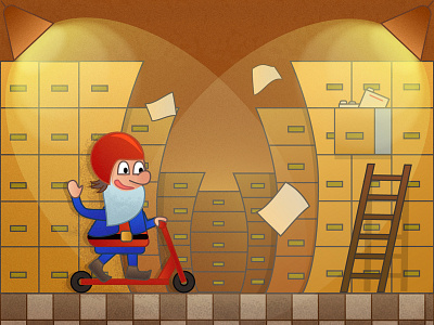Gnome in archive archive box document folder gnome helmet illustration rack room scooter search vector