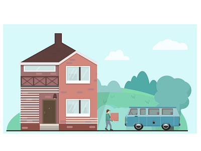 Moving box building bus car family home house illustration man minivan moving tree vector