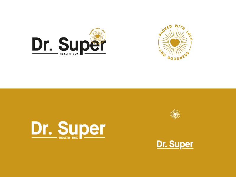 Dr. Super badge box food gold heart lines logo rays seal