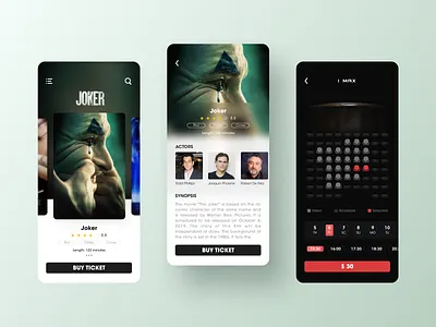 Cinema Ticket App actor app buy imax joker mobile app movie movie app movie poster movies score ui ui design ux