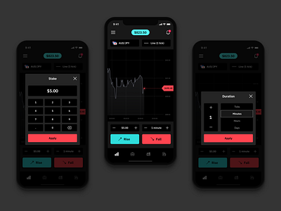 Mobile trading app (dark theme).
