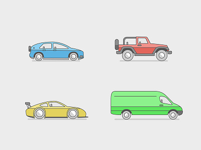 Types of Transportation | Car Illustrations cars illustration jeep racing sedan tires van