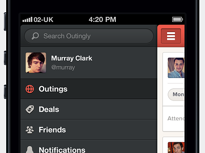 Outingly Nav app i interface ios iphone menu mobile nav navigation red uclean ux