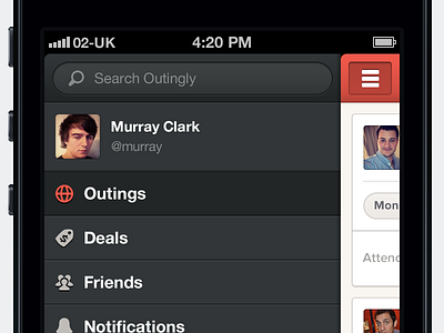 Outingly Nav app i interface ios iphone menu mobile nav navigation red uclean ux