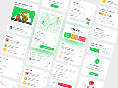 Delivery app components design | UI UX app app design application cancel order card cart delivery driver green ui grocery location map notification password payment rating review track ui uiux