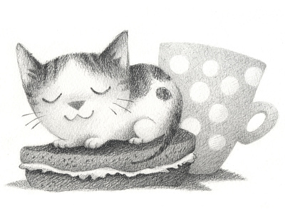 Little Tuna black and white coffee graphite illustration illustration kitten pencils pet portrait sandwich texture