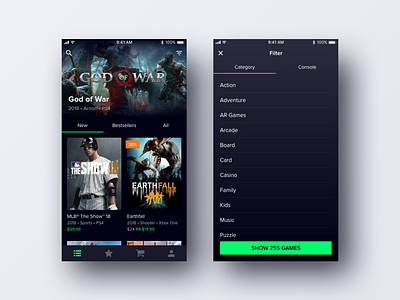 Game Seller App app application console dark design entertainment fun gambling game gaming interface ios iphone lobby mobile play playstation ui ux xbox