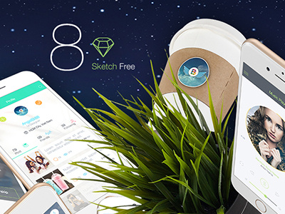 8 FREE for Sketch 3 - Mobile UI Kit app chat ecommerce free ios 8 iphone 6 multimedia profiles sketch3 social ui kit