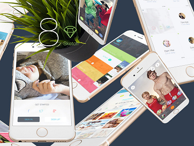 8 for Sketch 3 - Mobile UI Kit Part 7 app chat ecommerce free ios 8 iphone 6 multimedia profiles sketch3 social ui kit