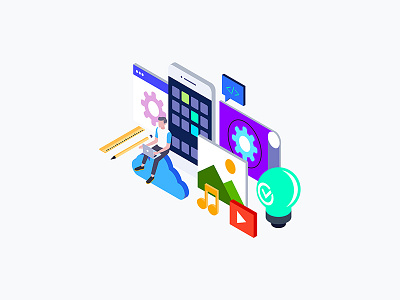 App Development Isometric Illustration app cloud development illustration isometric laptop light phone