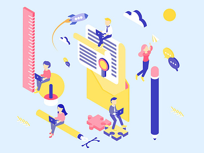 Branding Concept Isometric Illustration boy branding cloud girl illustration isometric logo pen rocket ruler slogan sun