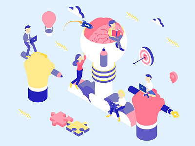 Creative Idea Isometric Illustration 3d boy brain creative girl idea illustration isometric man pencil rocket woman