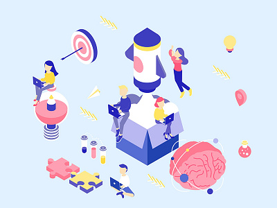 Creative Process Isometric Illustration boy brain creative girl idea illustration isometric lab laptop location logo process rocket