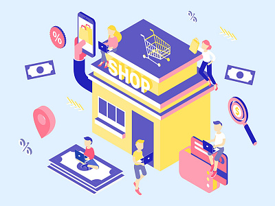 Ecommerce Isometric Illustration boy card cart ecommerce girl illustration isometric mobile money shop shopping store