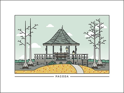 Pagoda autumn bench illustration lake lakehouse lamp line art marsh pagoda vector