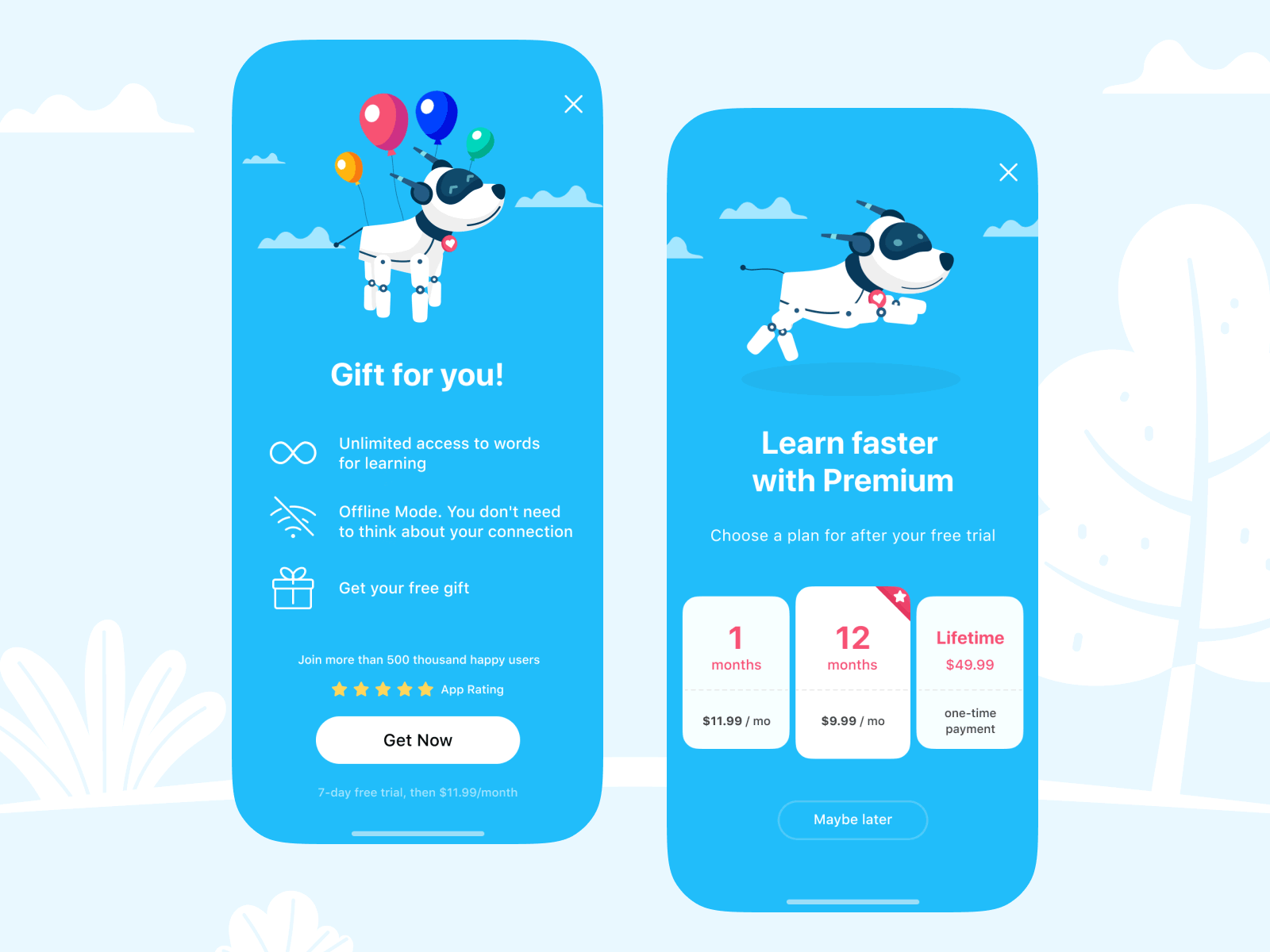 Language learning app – Paywalls animation app design balloon blue clean design dog run english flat illustration ios learn lottie mobile paywall price run dog simple svg ui