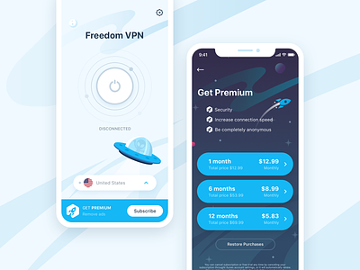 VPN application aliens app blue clean design ios premium price rocket sketch space subscribe tariffs ui vpn white
