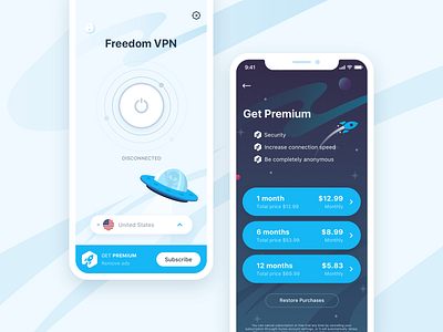 VPN application aliens app blue clean design ios premium price rocket sketch space subscribe tariffs ui vpn white