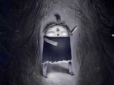 Hey! black and white character design childrens book forest haunted illustration scary spooky surprise trees