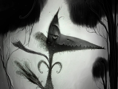 Liam's Journey bird black and white character design creepy dark forest fantasy illustration journey scarf sketch trip