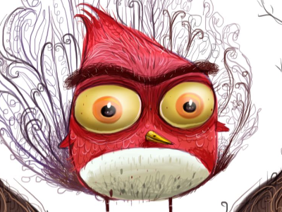 Lonnie bird character design feathers illustration red bird tail feathers unibrow