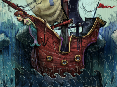 Lady Barnacle Claw boat illustration mermaid ocean pirates sailing sea ship sketch