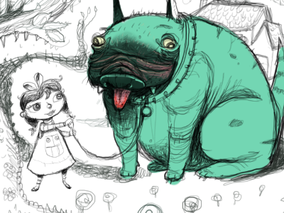 Linka in the Park (Sketch) bucolic character design dog girl illustration lollipops park pug sketch suburbs