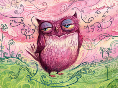 Mr. Hoots' Minty Fresh Day. 1960s character design green illustration mint owl peppermint pink psychadellic sketch swirls trippy