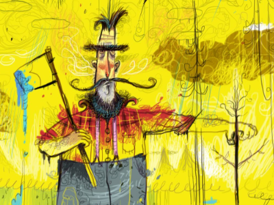 Stump Fund Manager axe blue character design clear cutting forest green illustration lumberjack mountains tree yellow