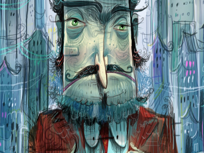 Mr. Westside 20s blue bowler hat character design chicago funny illustration long nose prohibition sketch