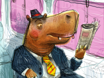Hippo's Commute bus businessman commute hippo humor illustration retro safari sketch watercolor